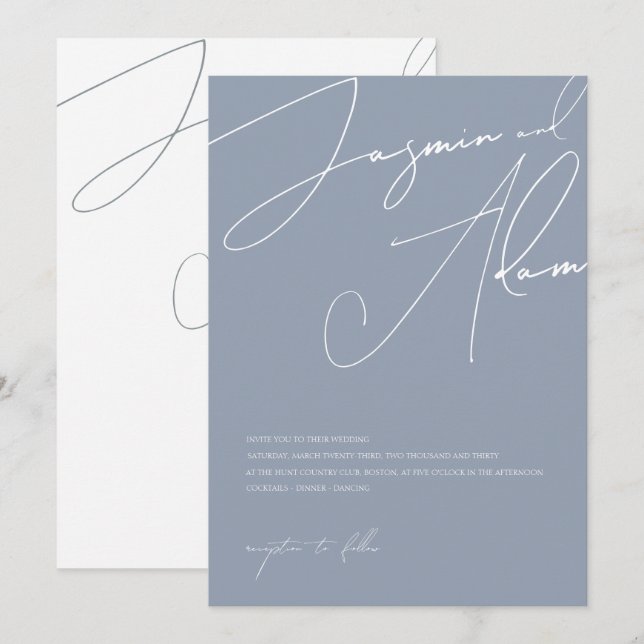 Invitation Mariage Minimal Typographie Script Bleu Poussiéreu (Devant / Derrière)
