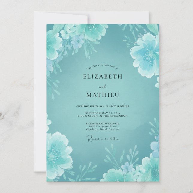 Invitation Mariage Minimaliste Aqua Péonie (Devant)