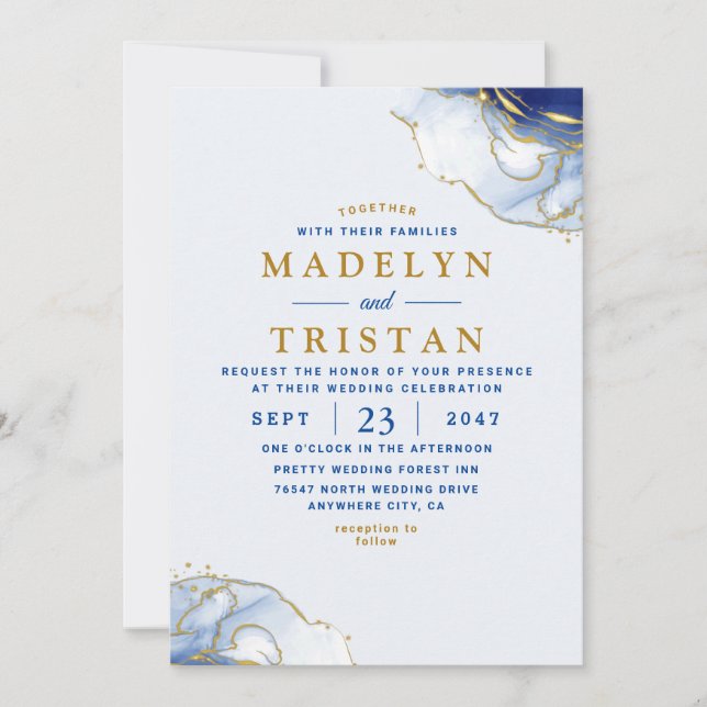 Invitation Mariage minimaliste aquarelle bleue (Devant)