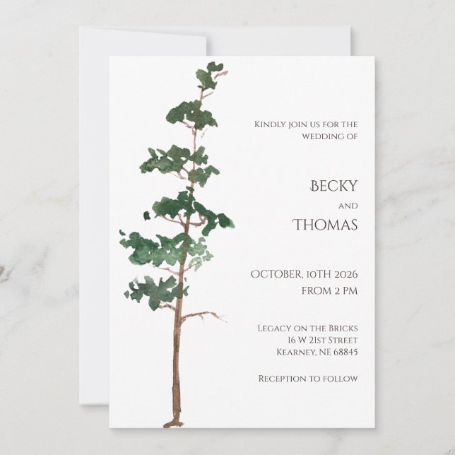 Invitation Mariage Minimaliste Aquarelle Épinette (Devant)