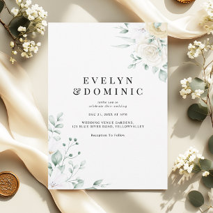 Invitation Mariage Minimaliste Aquarelle Fleurie Rose Blanche