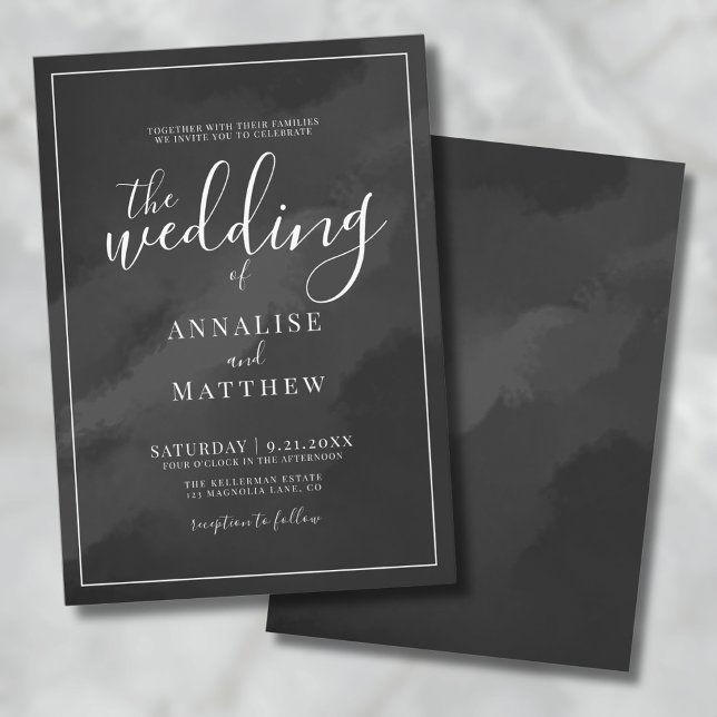 Invitation Mariage Minimaliste Aquarelle Noir (Simple Minimalist Elegant Watercolor Black Wedding Invitation)