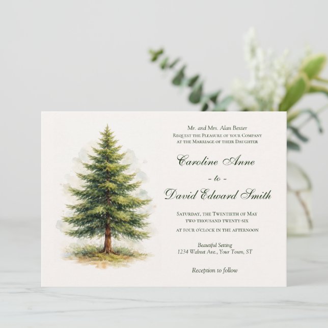 Invitation Mariage minimaliste au pin aquarelle (Debout devant)
