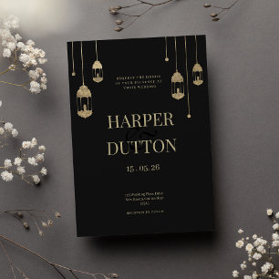 Invitation Mariage minimaliste avec lanternes noires et dorée