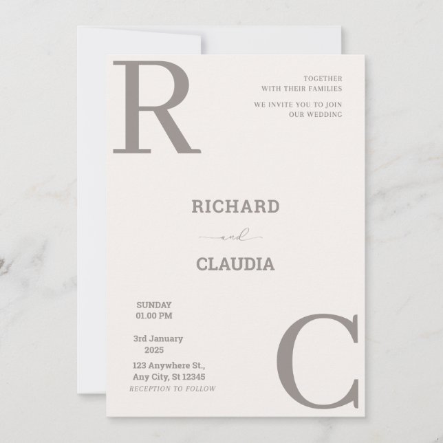 Invitation Mariage minimaliste beige et Brown (Devant)