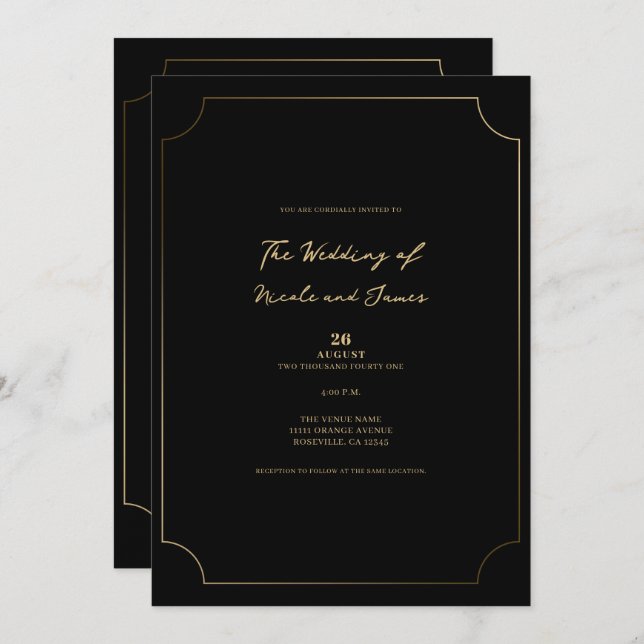 Invitation Mariage minimaliste Black & Gold (Devant / Derrière)