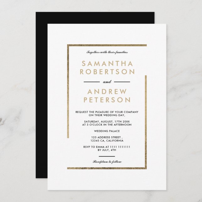 Invitation Mariage minimaliste blanc noir chic (Devant / Derrière)