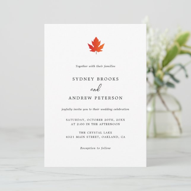 Invitation Mariage Minimaliste Blanc Romance d'Automne (Debout devant)