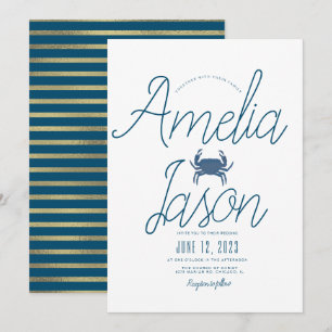 Invitation Mariage Minimaliste Bleu Faux Foil Script Crabe