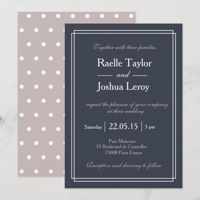 Invitation mariage minimaliste bleu pois (Devant / Derrière)