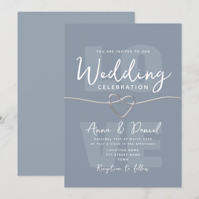 Invitation Mariage Minimaliste Bleu Poussiéreux Argent (Devant / Derrière)