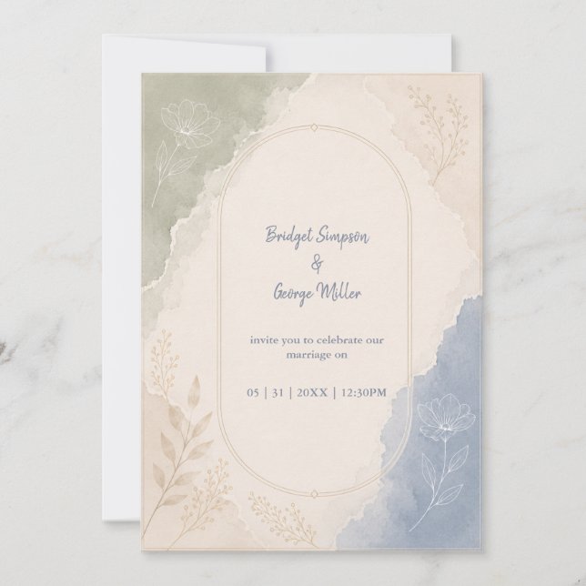 Invitation Mariage minimaliste botanique bleu sauge  (Devant)
