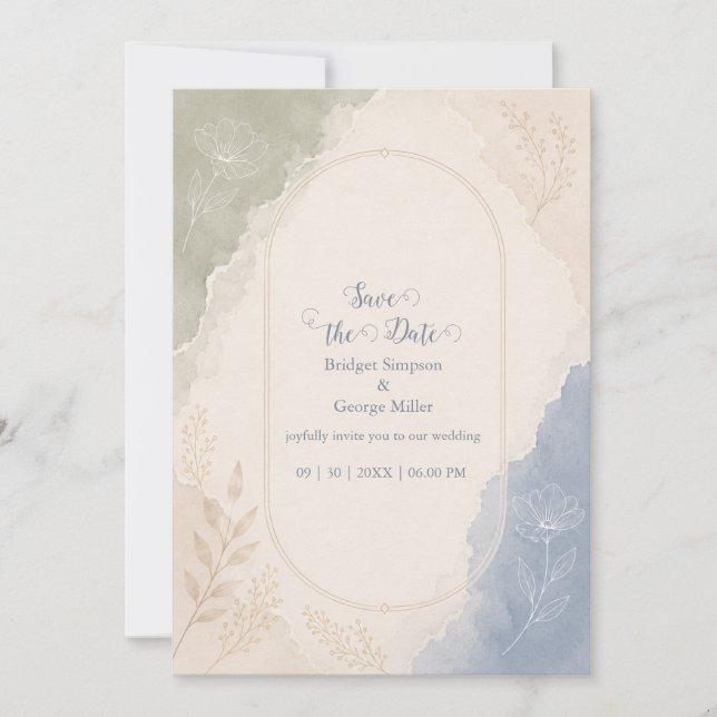 Invitation Mariage minimaliste botanique bleu sauge (Devant)