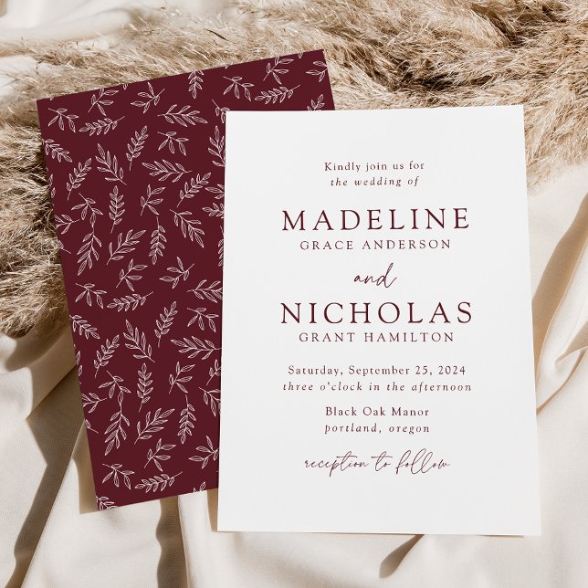 Invitation Mariage minimaliste botanique moderne Merlot (Créateur téléchargé)