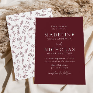 Invitation Mariage minimaliste botanique moderne Merlot