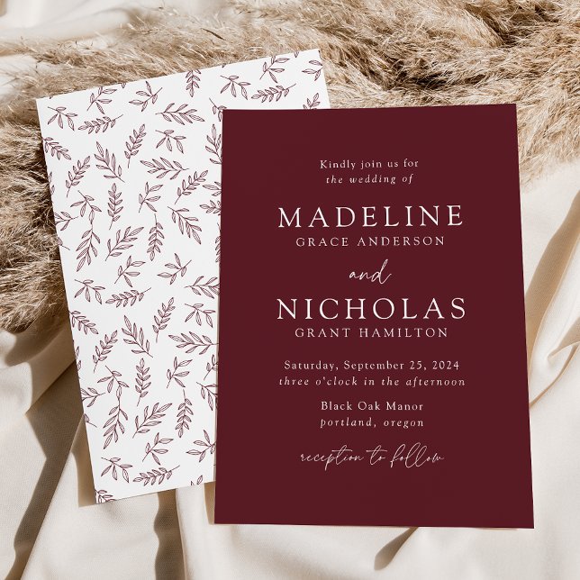 Invitation Mariage minimaliste botanique moderne Merlot (Créateur téléchargé)
