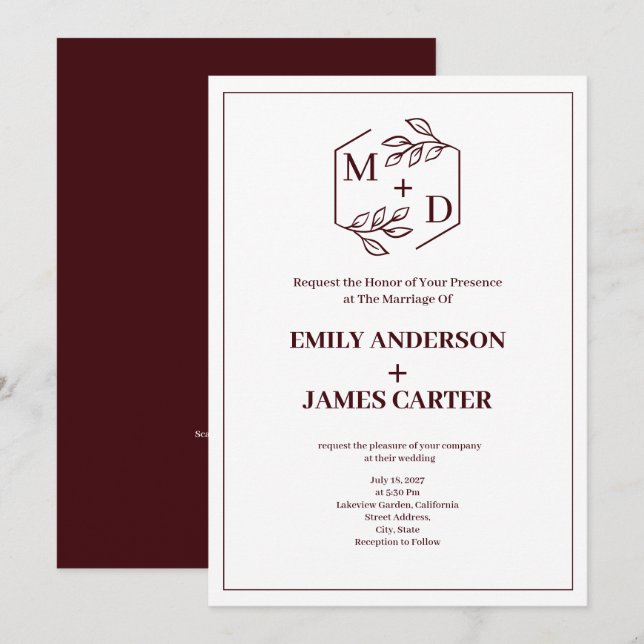 Invitation Mariage minimaliste botanique monogramme Bourgogne (Devant / Derrière)