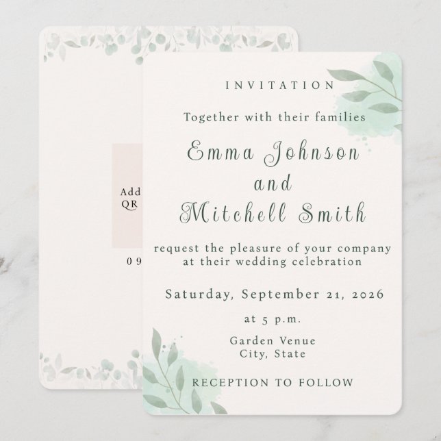 Invitation Mariage Minimaliste Botanique Vert Sauge (Devant / Derrière)