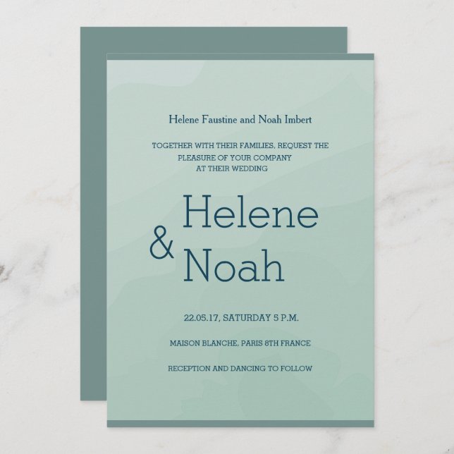 Invitation Mariage minimaliste chic bleu turquoise (Devant / Derrière)