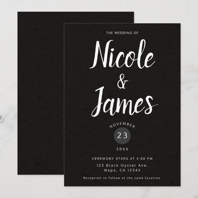 Invitation Mariage Minimaliste Chic Noir Moderne (Devant / Derrière)
