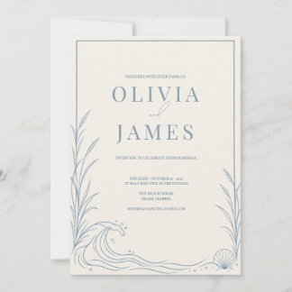 Invitation Mariage Minimaliste Coquillage Bleu Poussiéreux su