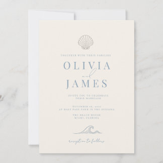 Invitation Mariage Minimaliste Coquillage Bleu Poussiéreux su