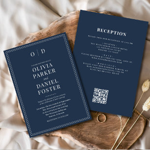 Invitation Mariage minimaliste de code QR bleu marine tout en