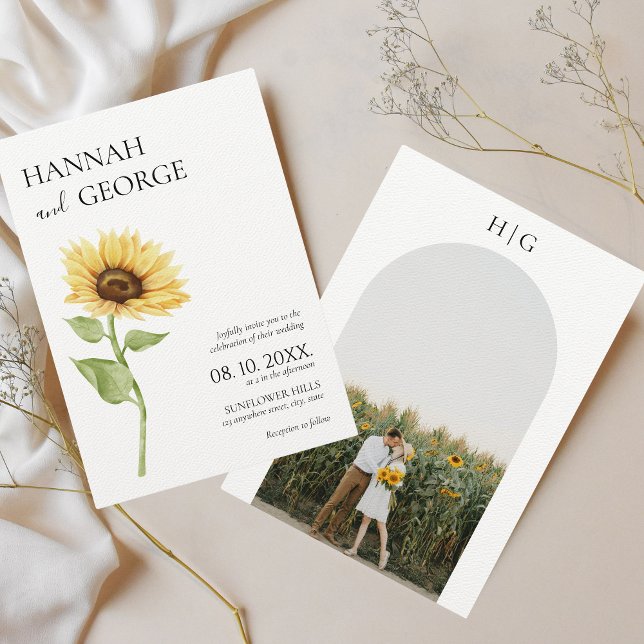 Invitation Mariage minimaliste de l'arc photo tournesol (Minimalist sunflower photo wedding invitation)