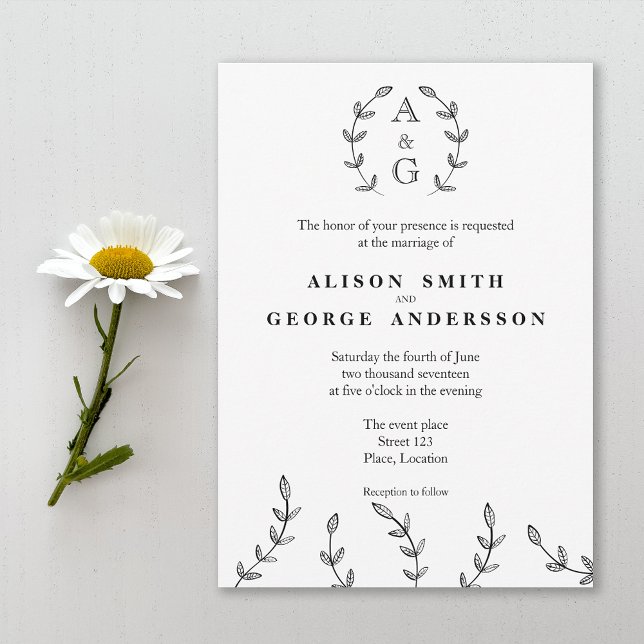 Invitation Mariage minimaliste de monogramme noir et blanc (This design is ideal for anyone who likes a minimalist black and white style with a touch of nature.)