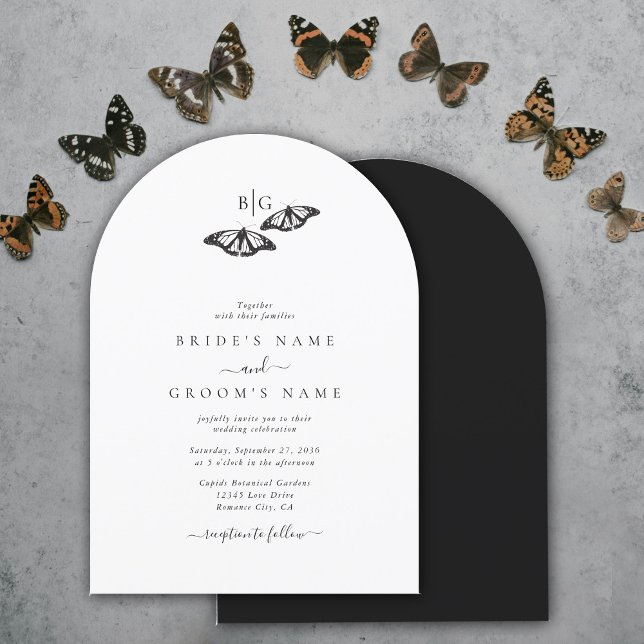 Invitation Mariage minimaliste de papillon noir blanc (Minimalist Black White Butterfly Monogram Wedding Invitation)