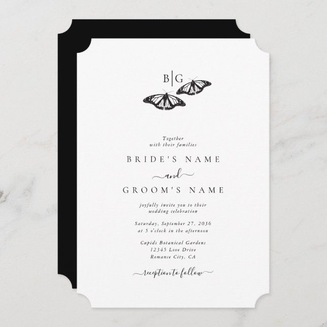 Invitation Mariage minimaliste de papillon noir blanc (Devant / Derrière)