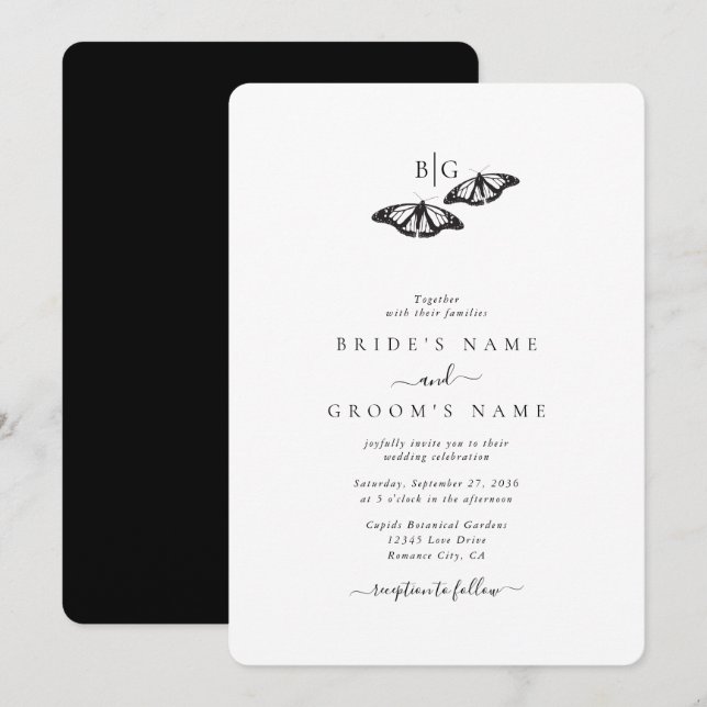 Invitation Mariage minimaliste de papillon noir blanc (Devant / Derrière)
