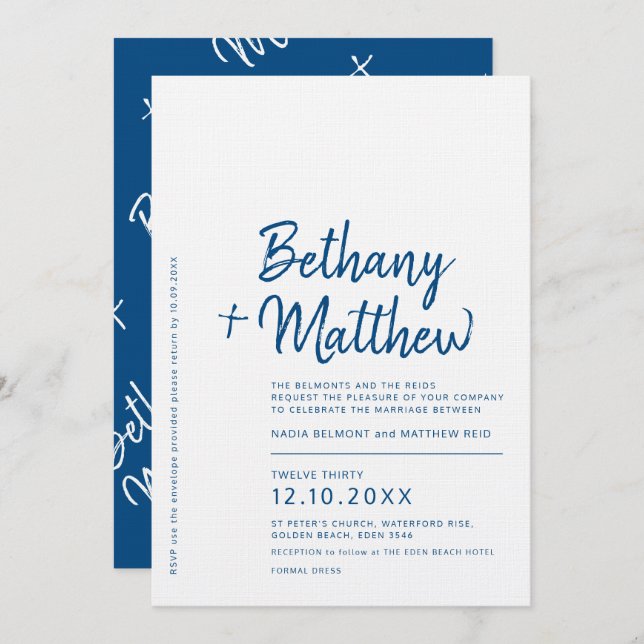 Invitation Mariage minimaliste de script de calligraphie bleu (Devant / Derrière)