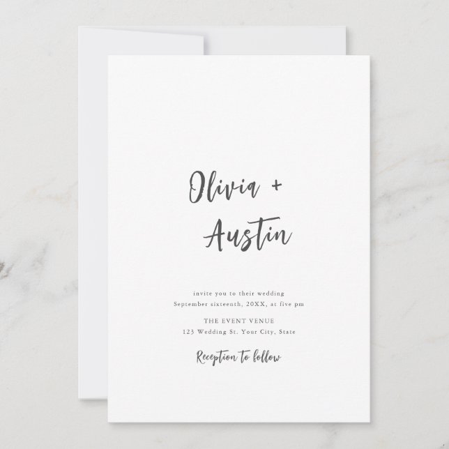 Invitation Mariage minimaliste de script moderne blanc noir (Devant)