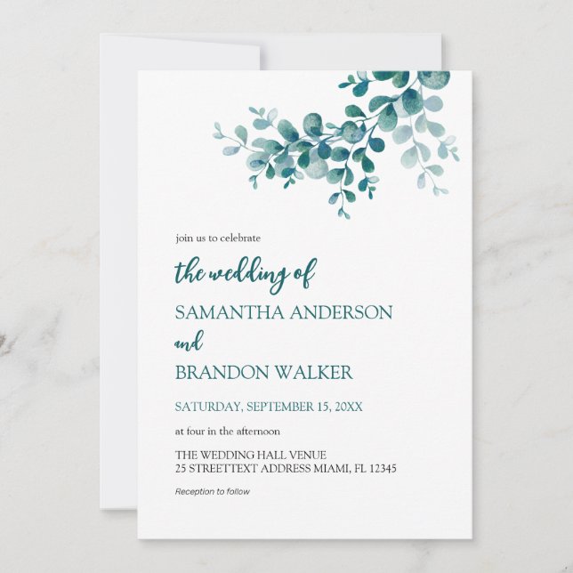 Invitation Mariage minimaliste de verdure eucalyptus (Devant)