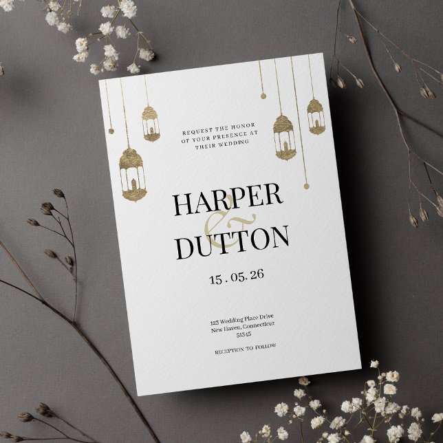 Invitation Mariage minimaliste des lampes à lanternes blanche (Minimalist white and gold lantern lights wedding invitation )