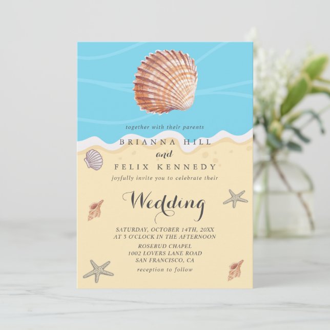 Invitation Mariage Minimaliste d'Été Océan Bleu (Debout devant)