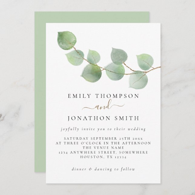 Invitation Mariage minimaliste d'Eucalyptus vert (Devant / Derrière)