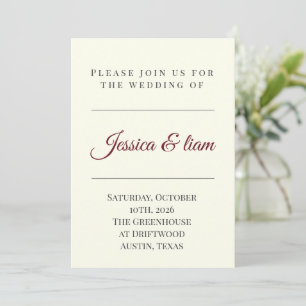 Invitation Mariage minimaliste élégant blanc cassé et bordeau