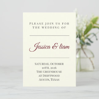 Invitation Mariage minimaliste élégant blanc cassé et bordeau