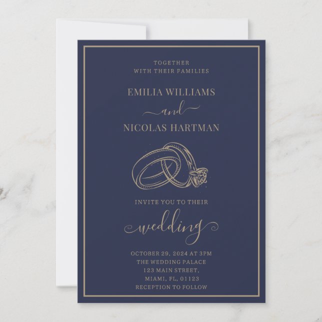 Invitation Mariage Minimaliste Élégant Bleu Classique (Devant)