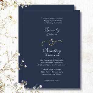Invitation Mariage minimaliste élégant bleu marine or blanc