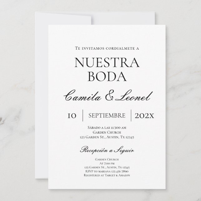 Invitation Mariage minimaliste en espagnol (Devant)