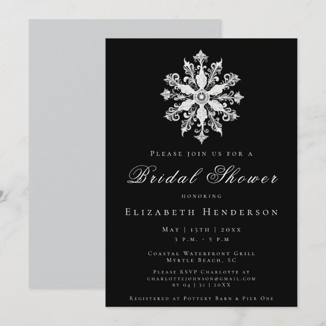 Invitation Mariage Minimaliste en Flocon de Neige | Noir (Devant / Derrière)