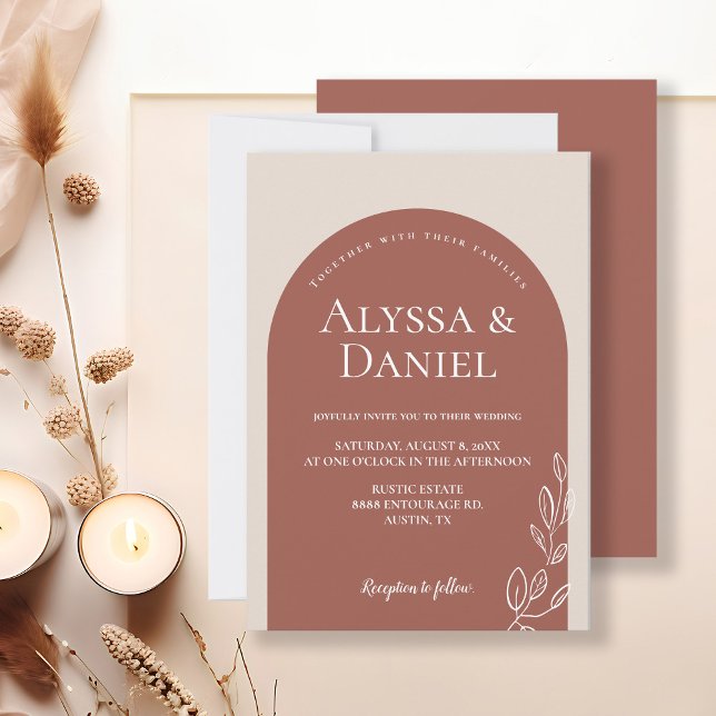 Invitation Mariage minimaliste en terre cuite orangé (Terracotta Floral wedding minimalist arch wedding invitation design.)