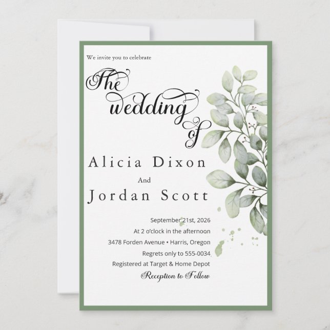 Invitation Mariage Minimaliste Eucalyptus et Verdure (Devant)