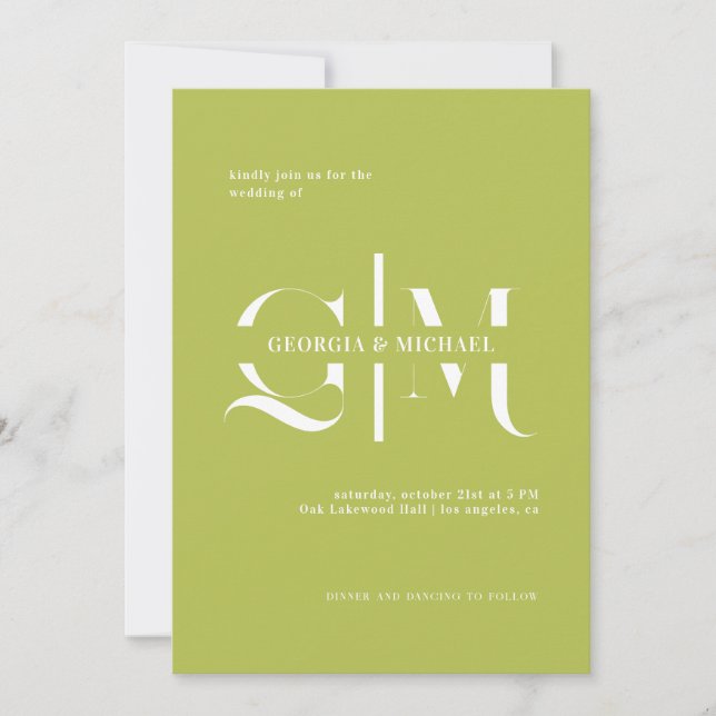 Invitation Mariage Minimaliste Exquis Monogramme Chartreuse (Devant)