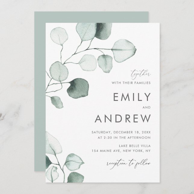 Invitation Mariage minimaliste Feuille Eucalyptus (Devant / Derrière)
