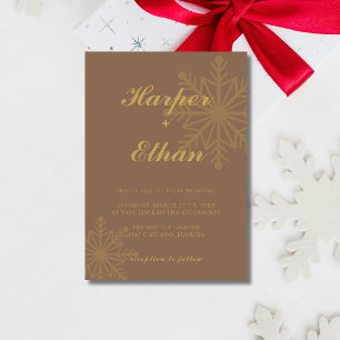 Invitation Mariage Minimaliste Flocon de Neige Marron et Or