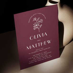 Invitation Mariage minimaliste floral bordeaux QR et photo